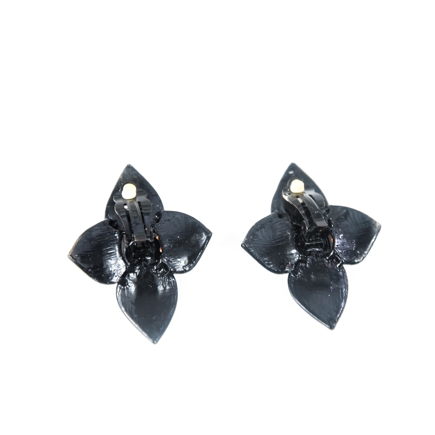 Pair of black flower-shaped earrings on a white background