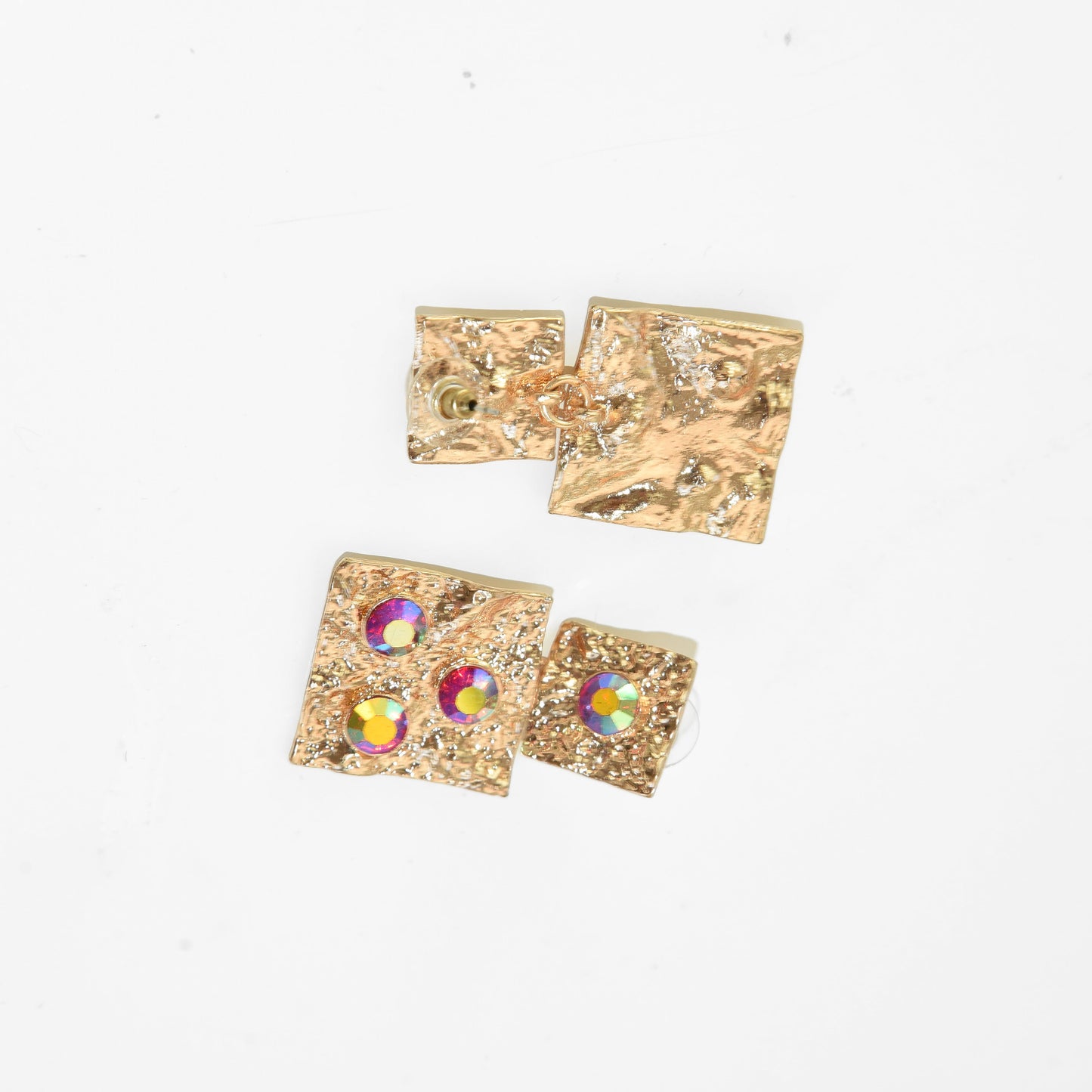 Gold square earrings with gemstones on a white background