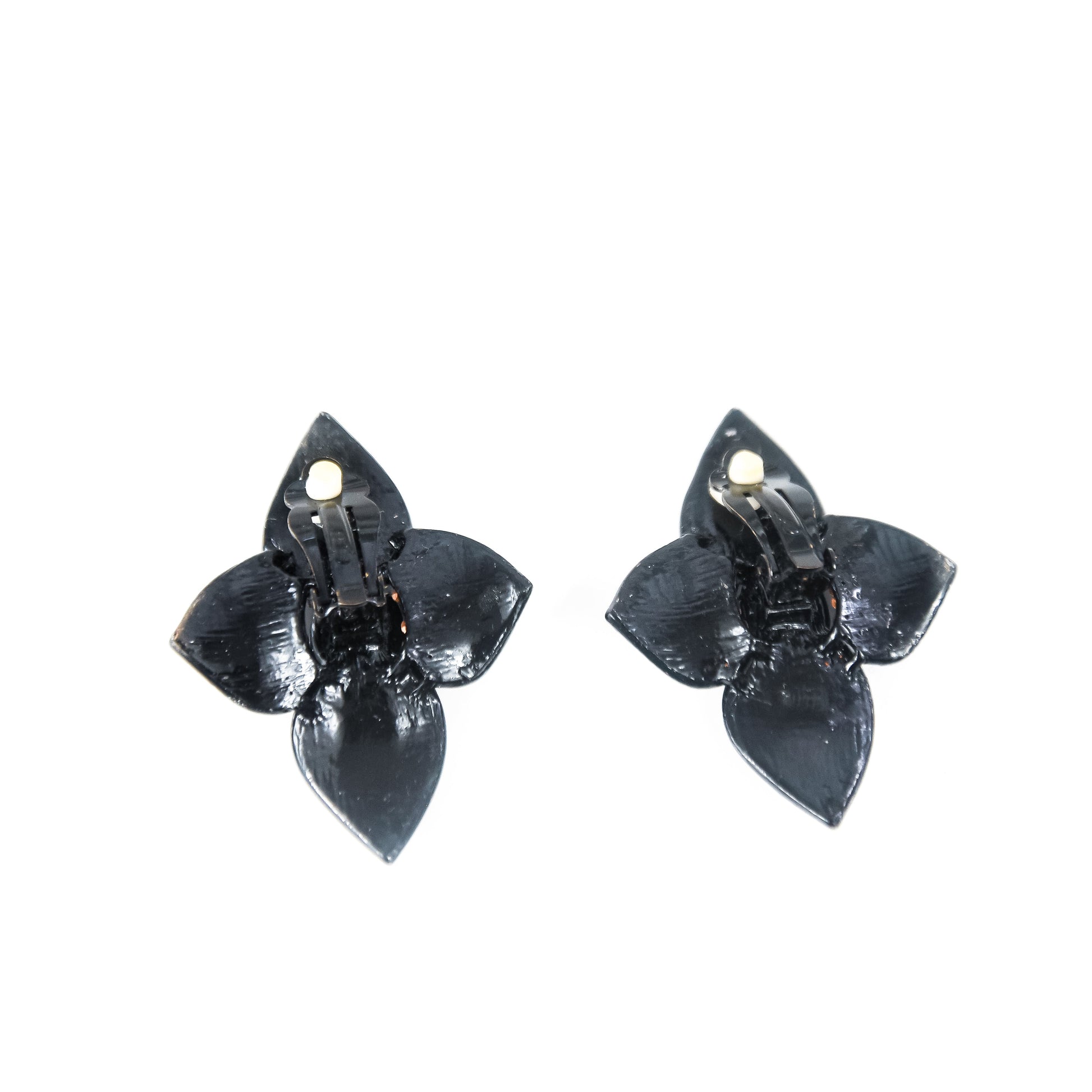 Pair of black flower-shaped earrings on a white background