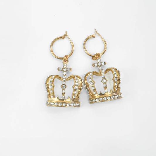 Gold crown-shaped earrings on a white background